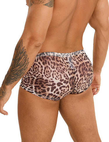 Chic sexy mesh men boxer featuring striking leopard print by Scandals, perfect for a daring and fashionable wardrobe.